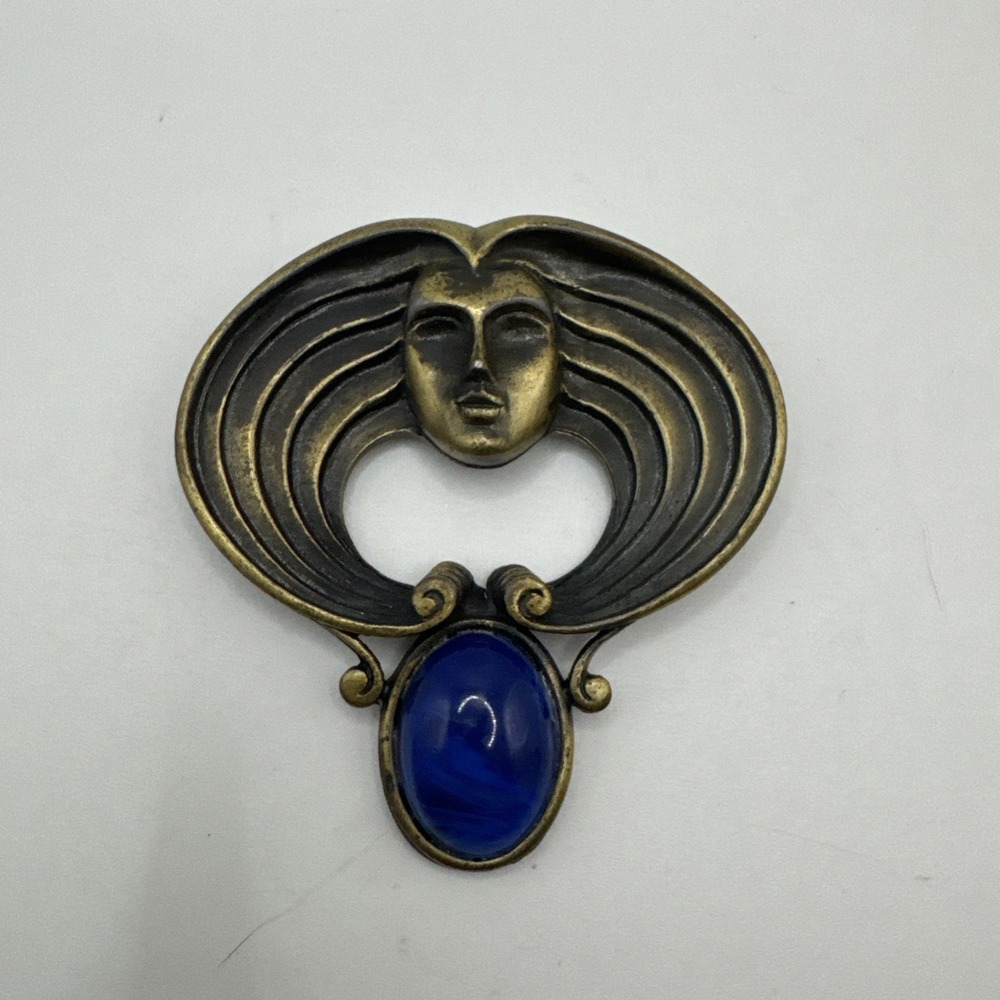 Jonette JJ  Brooch Pin Art Nouveau Style  Gold Tone Woman Cabochon Statement